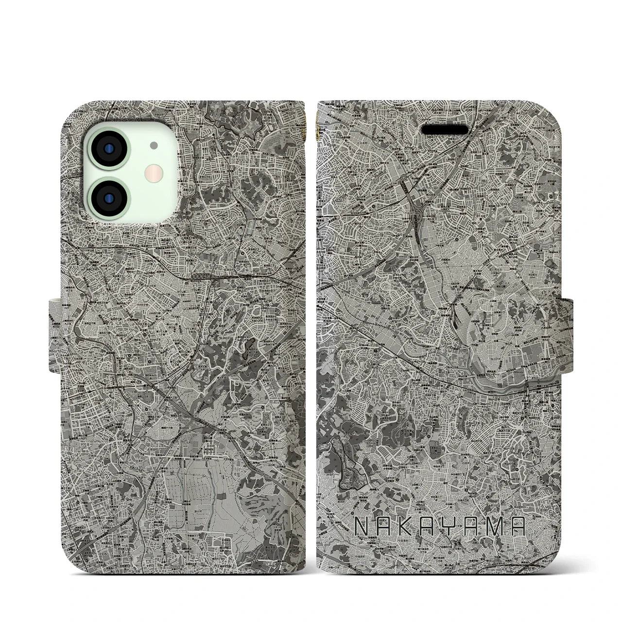 【中山(神奈川県)】地図柄iPhoneケース(手帳タイプ)モノトーン・iPhone 12 mini 用