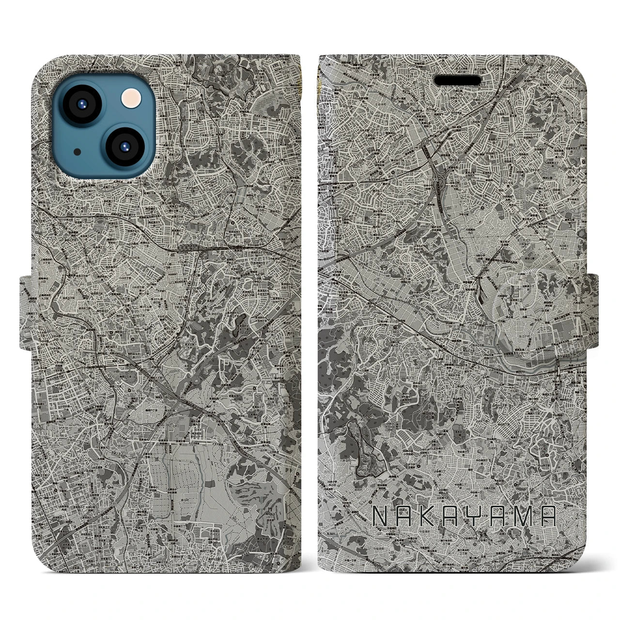 【中山(神奈川県)】地図柄iPhoneケース(手帳タイプ)モノトーン・iPhone 13 用