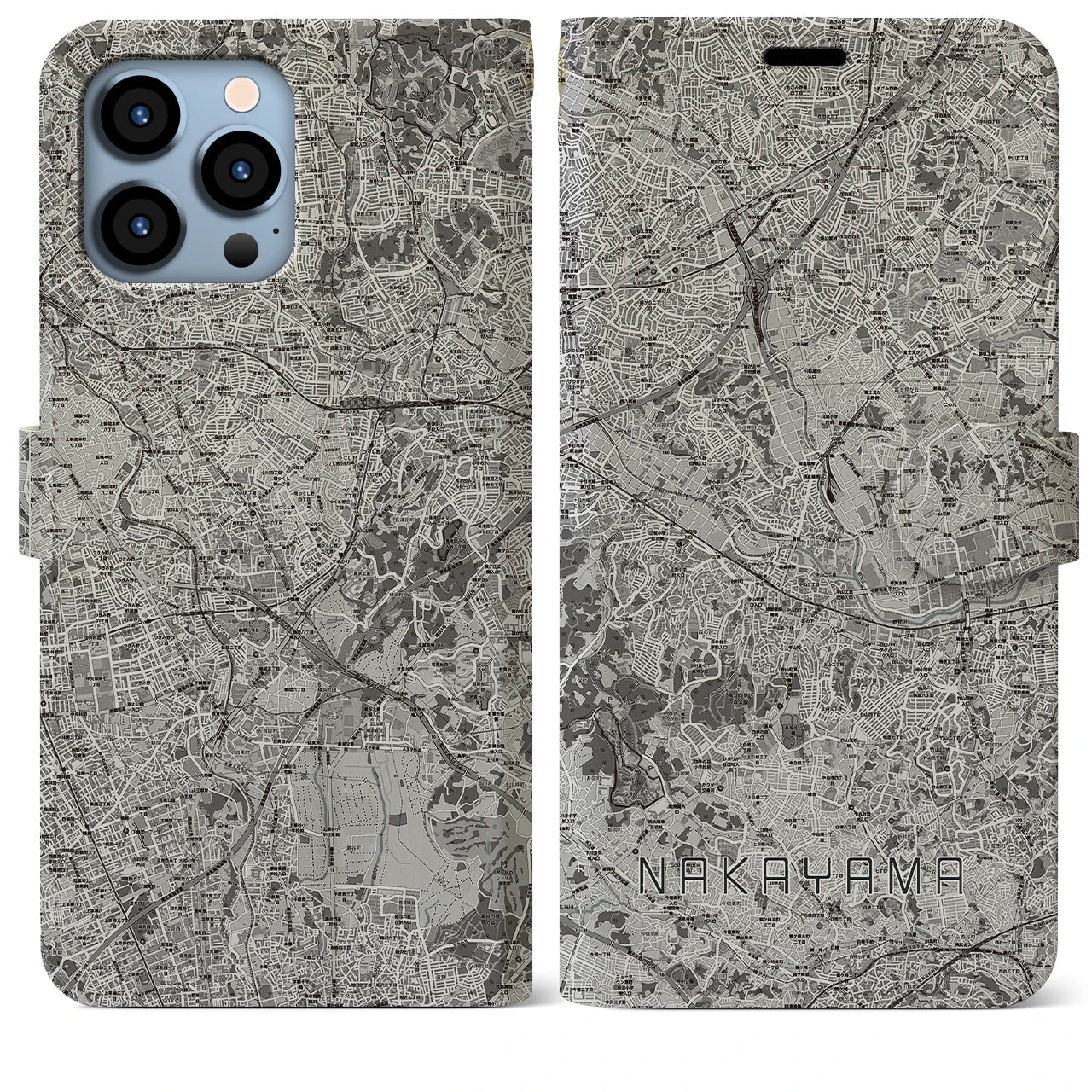 【中山(神奈川県)】地図柄iPhoneケース(手帳タイプ)モノトーン・iPhone 13 Pro Max 用