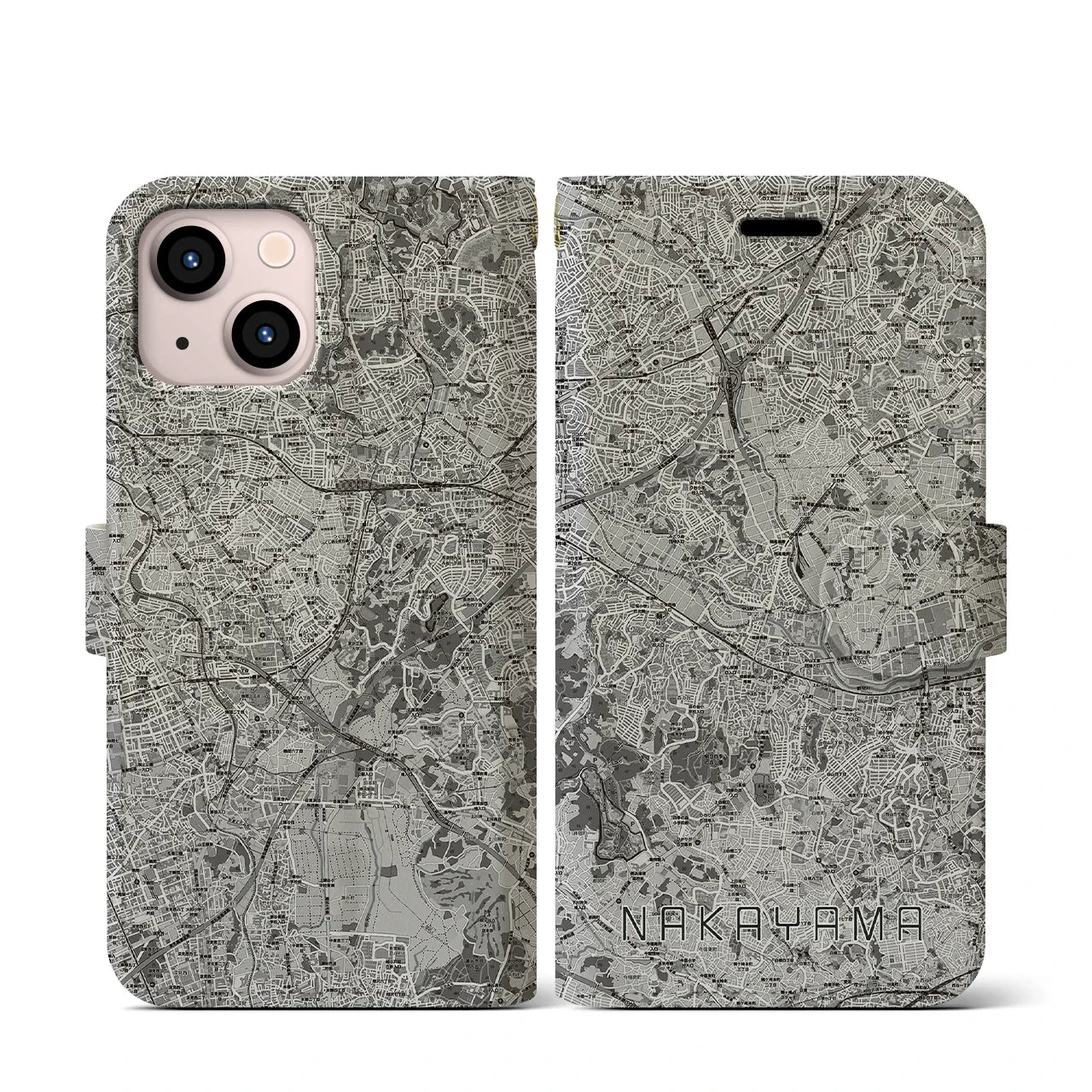 【中山(神奈川県)】地図柄iPhoneケース(手帳タイプ)モノトーン・iPhone 13 mini 用
