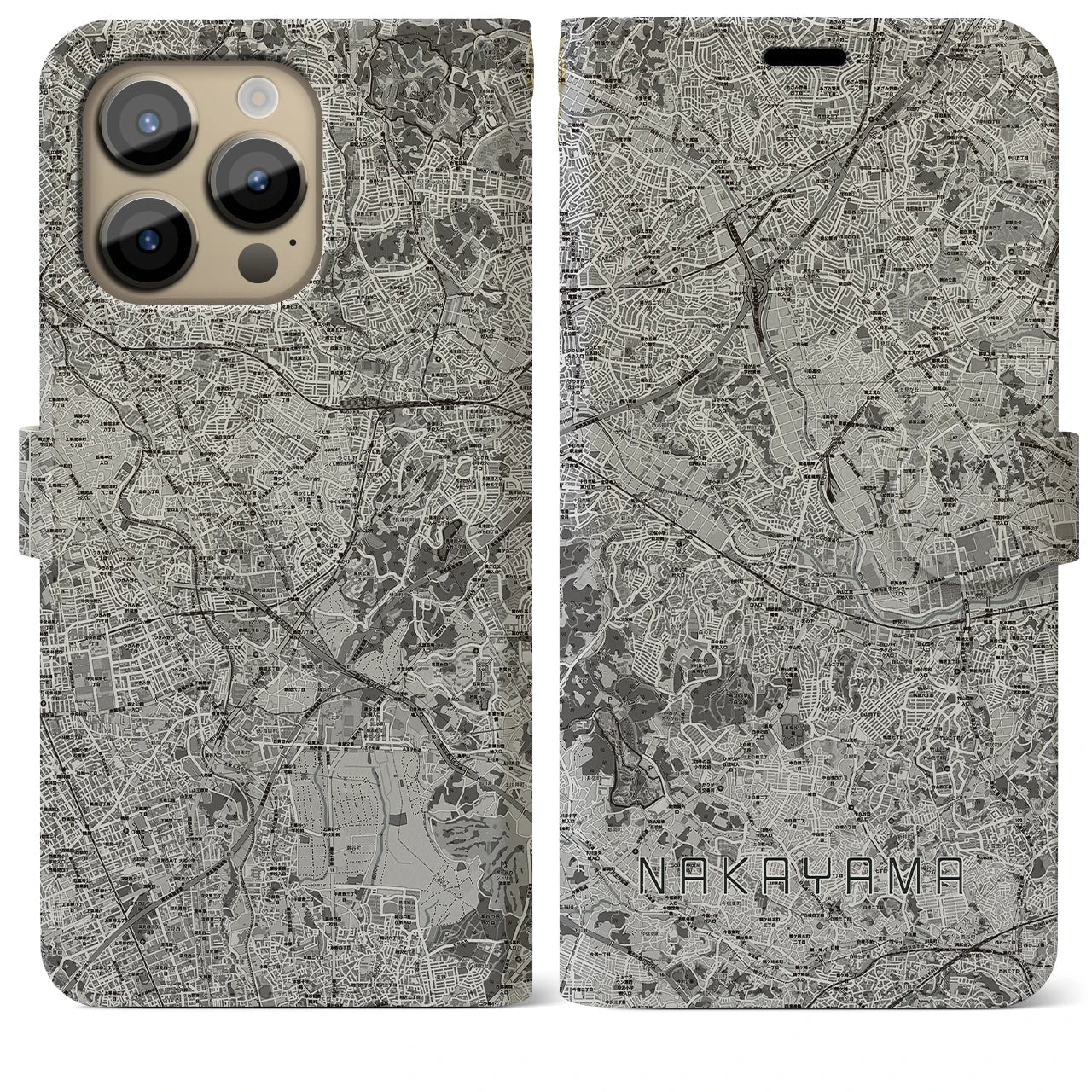 【中山(神奈川県)】地図柄iPhoneケース(手帳タイプ)モノトーン・iPhone 14 Pro Max 用