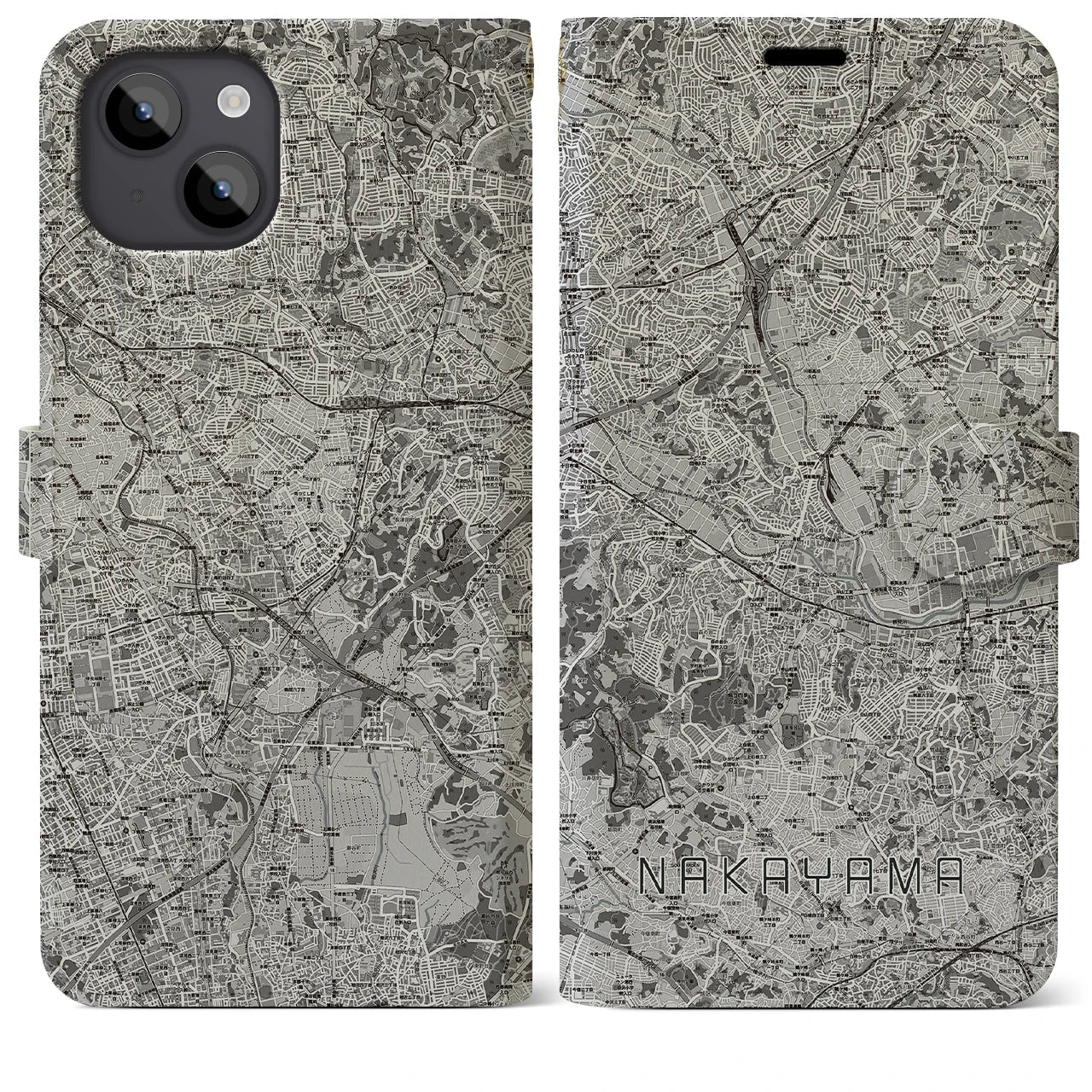 【中山(神奈川県)】地図柄iPhoneケース(手帳タイプ)モノトーン・iPhone 14 Plus 用