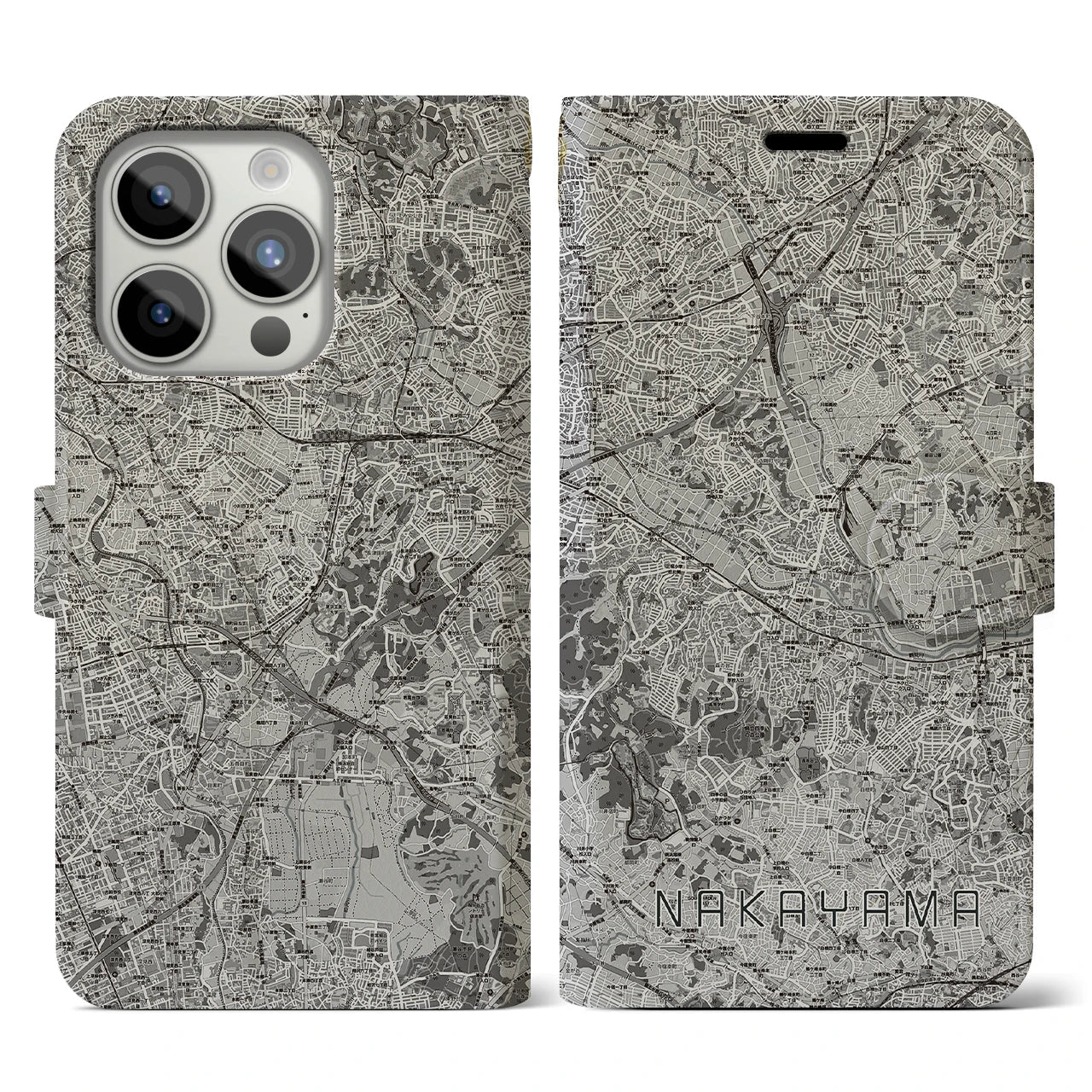 【中山(神奈川県)】地図柄iPhoneケース(手帳タイプ)モノトーン・iPhone 15 Pro 用