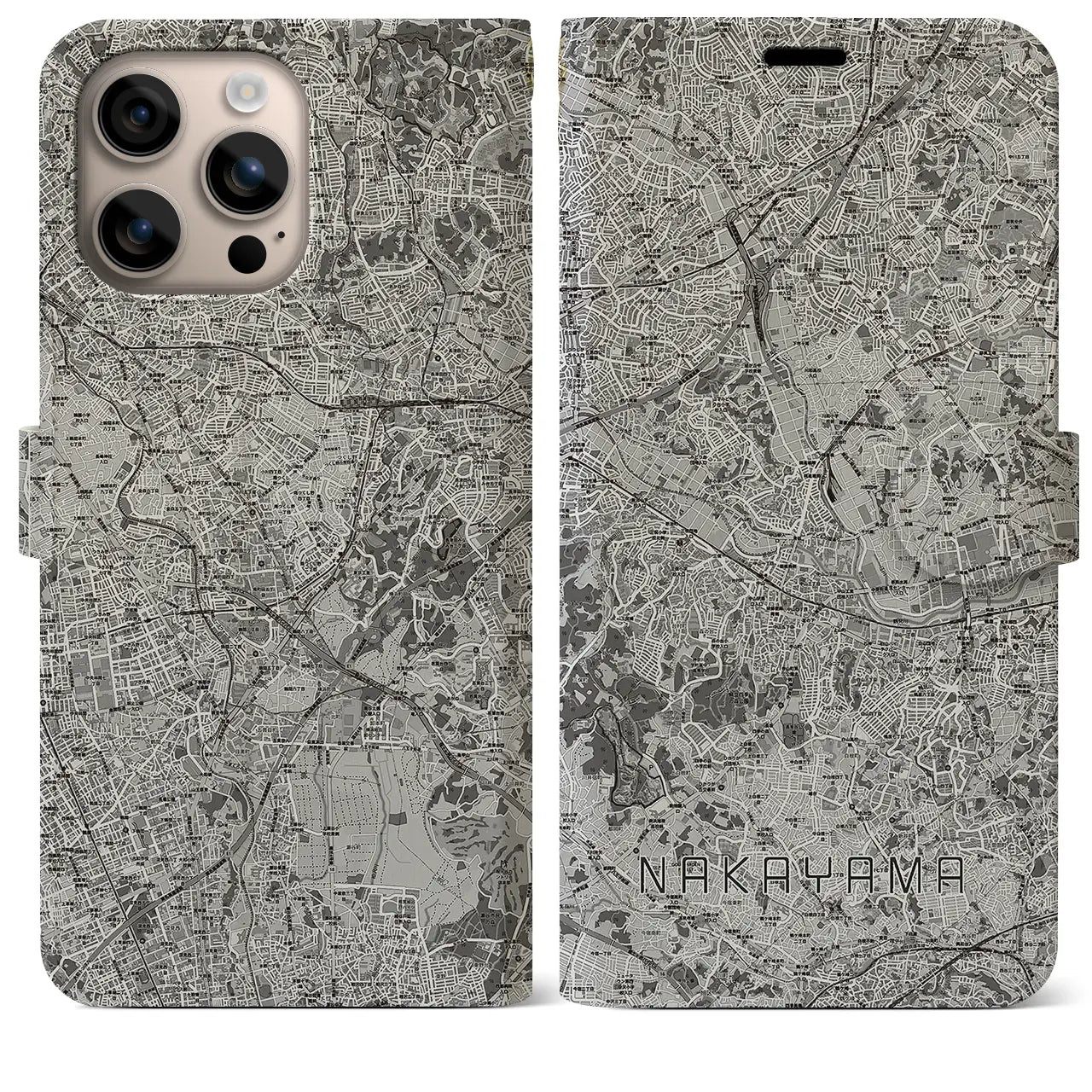 【中山(神奈川県)】地図柄iPhoneケース(手帳タイプ)モノトーン・iPhone 16 Plus 用