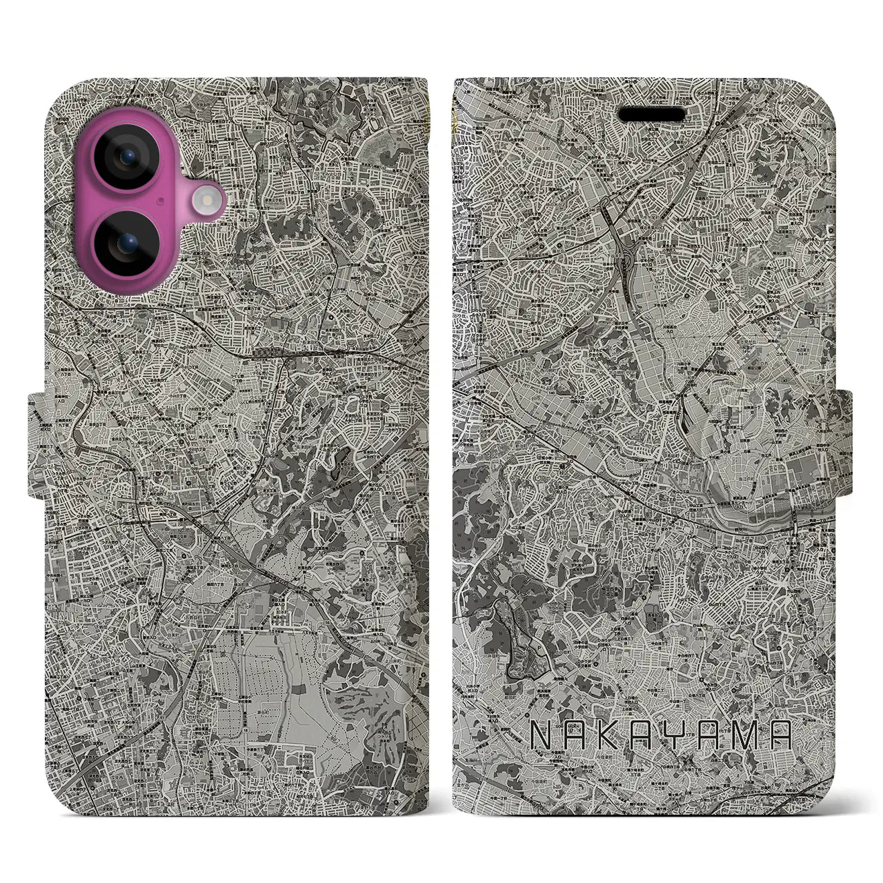 【中山(神奈川県)】地図柄iPhoneケース(手帳タイプ)モノトーン・iPhone 16 Pro 用
