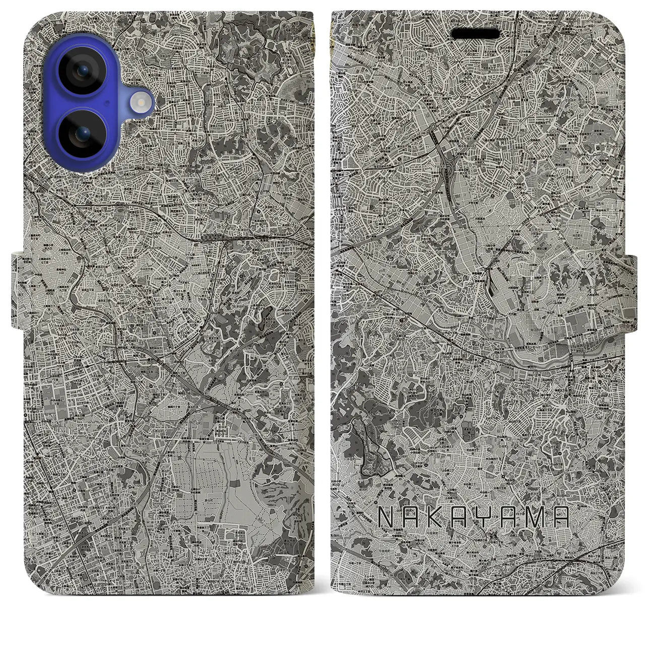 【中山(神奈川県)】地図柄iPhoneケース(手帳タイプ)モノトーン・iPhone 16 Pro Max 用