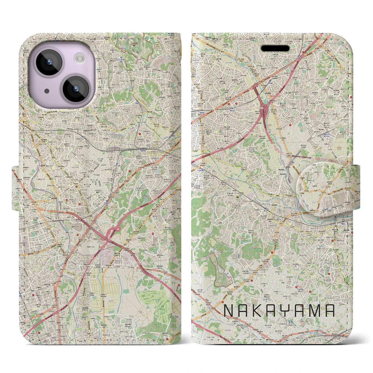 【中山(神奈川県)】地図柄iPhoneケース(手帳タイプ)ナチュラル・iPhone 14 用