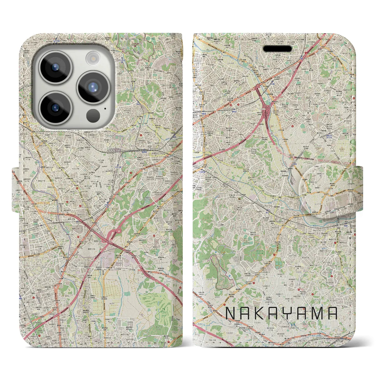 【中山(神奈川県)】地図柄iPhoneケース(手帳タイプ)ナチュラル・iPhone 15 Pro 用