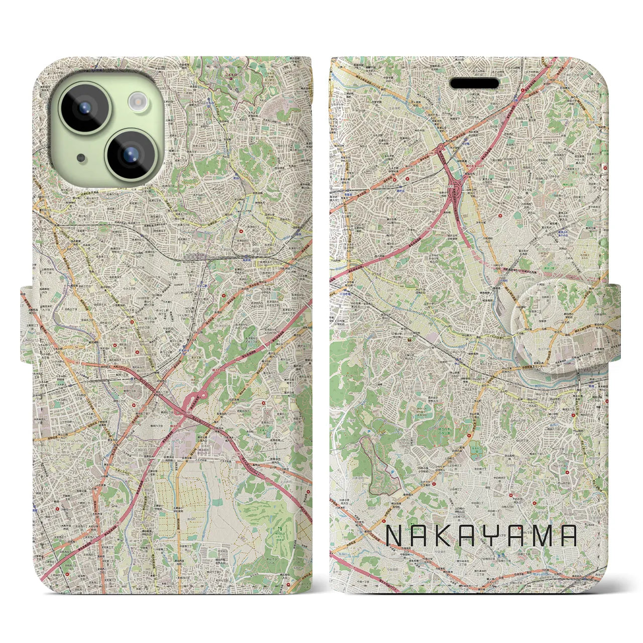 【中山(神奈川県)】地図柄iPhoneケース(手帳タイプ)ナチュラル・iPhone 15 用