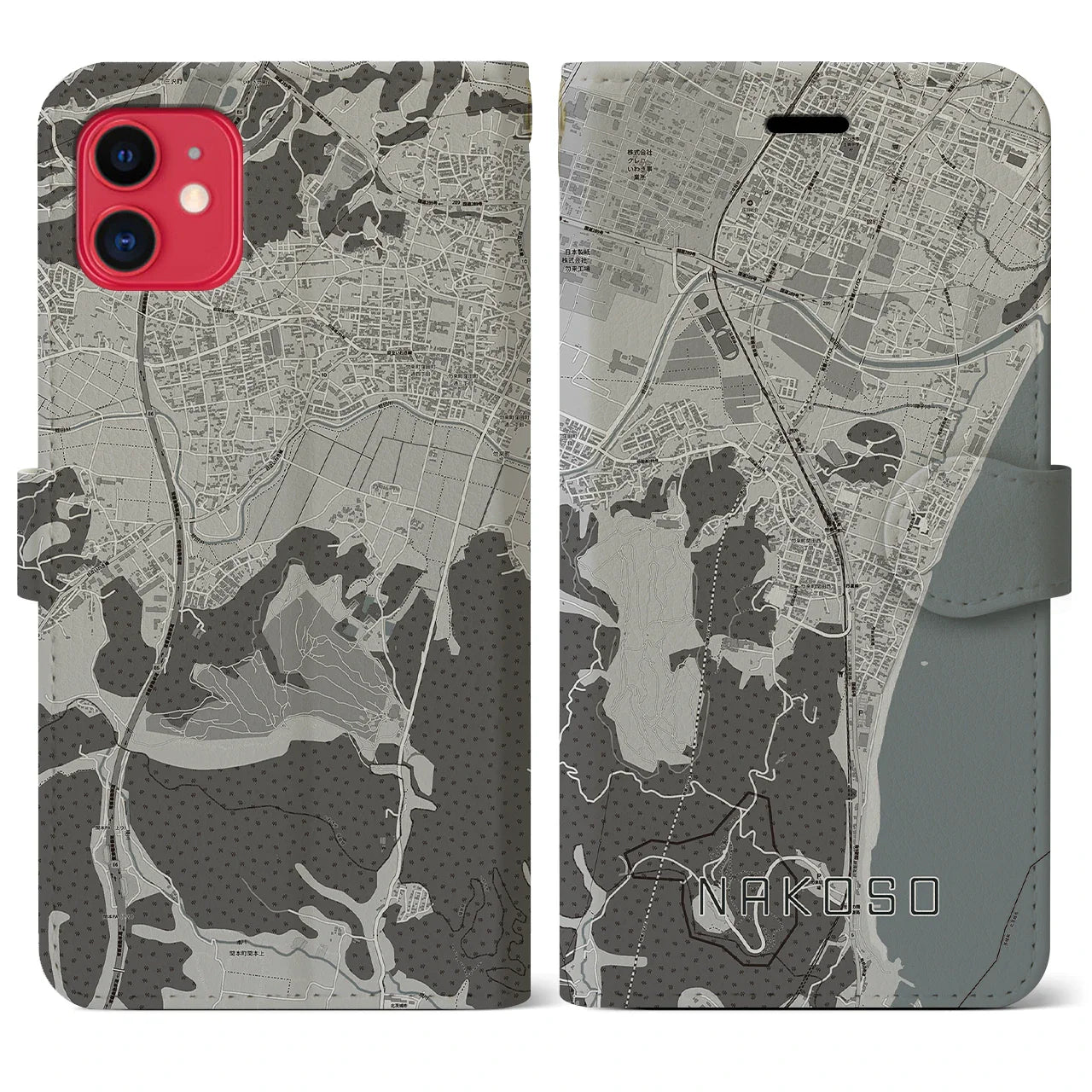 【勿来(福島県)】地図柄iPhoneケース(手帳タイプ)モノトーン・iPhone 11 用