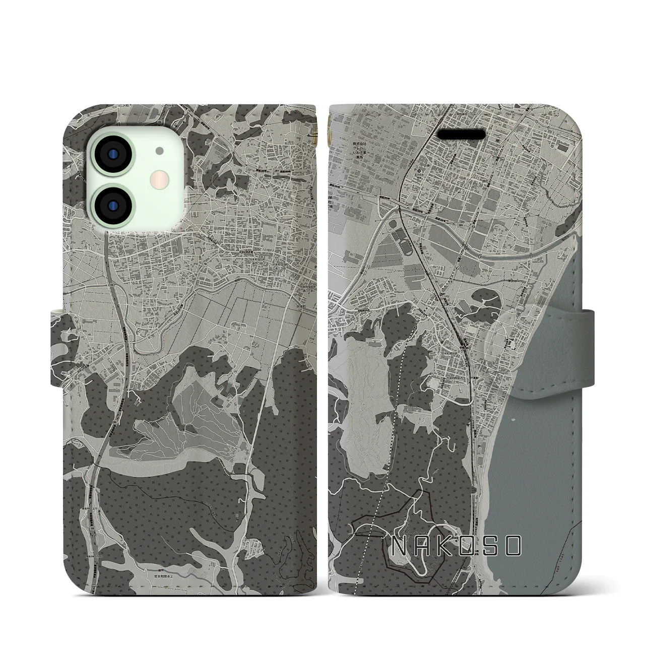 【勿来(福島県)】地図柄iPhoneケース(手帳タイプ)モノトーン・iPhone 12 mini 用