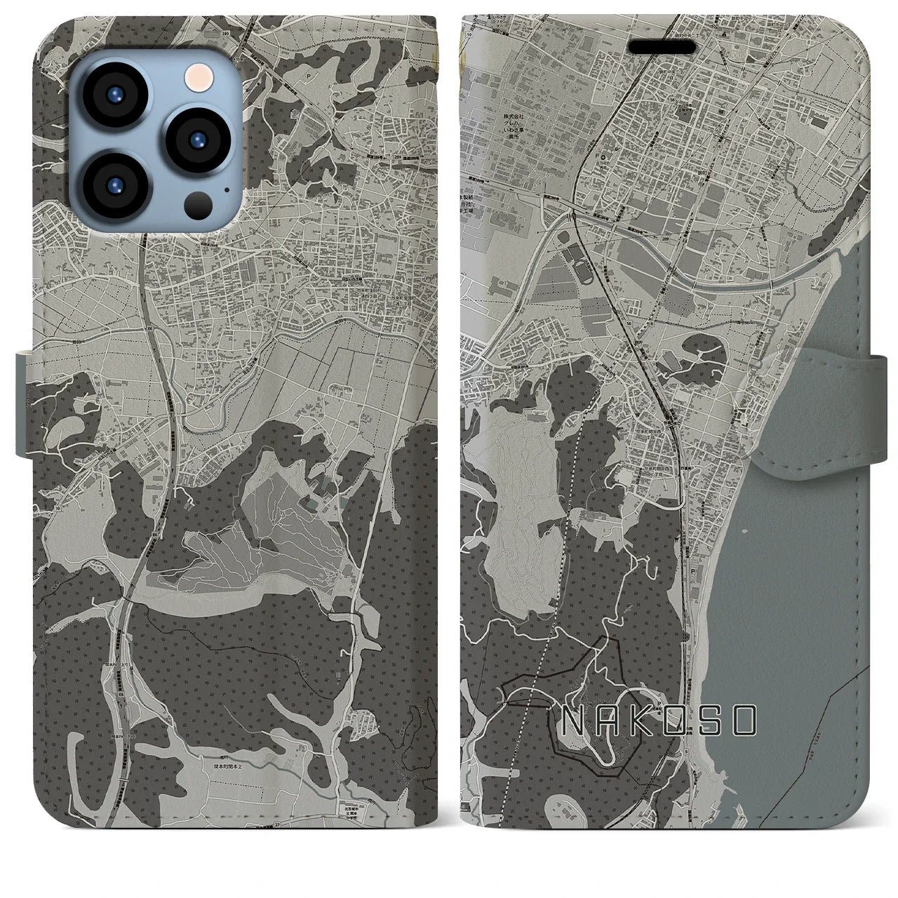 【勿来(福島県)】地図柄iPhoneケース(手帳タイプ)モノトーン・iPhone 13 Pro Max 用