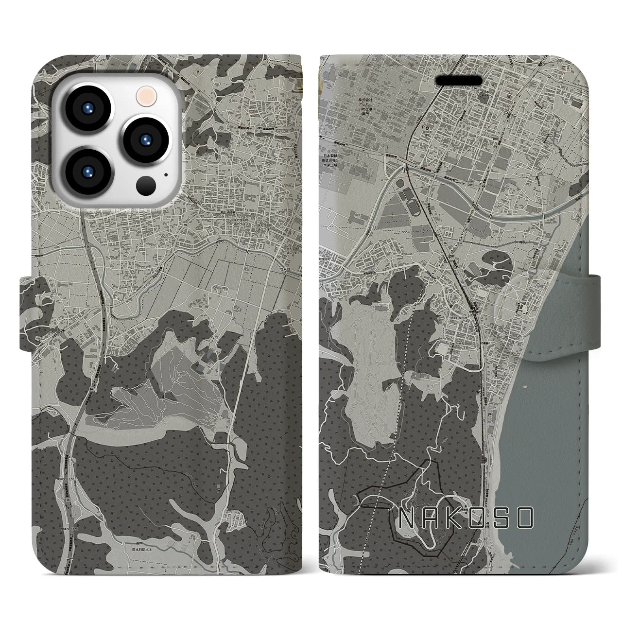 【勿来(福島県)】地図柄iPhoneケース(手帳タイプ)モノトーン・iPhone 13 Pro 用
