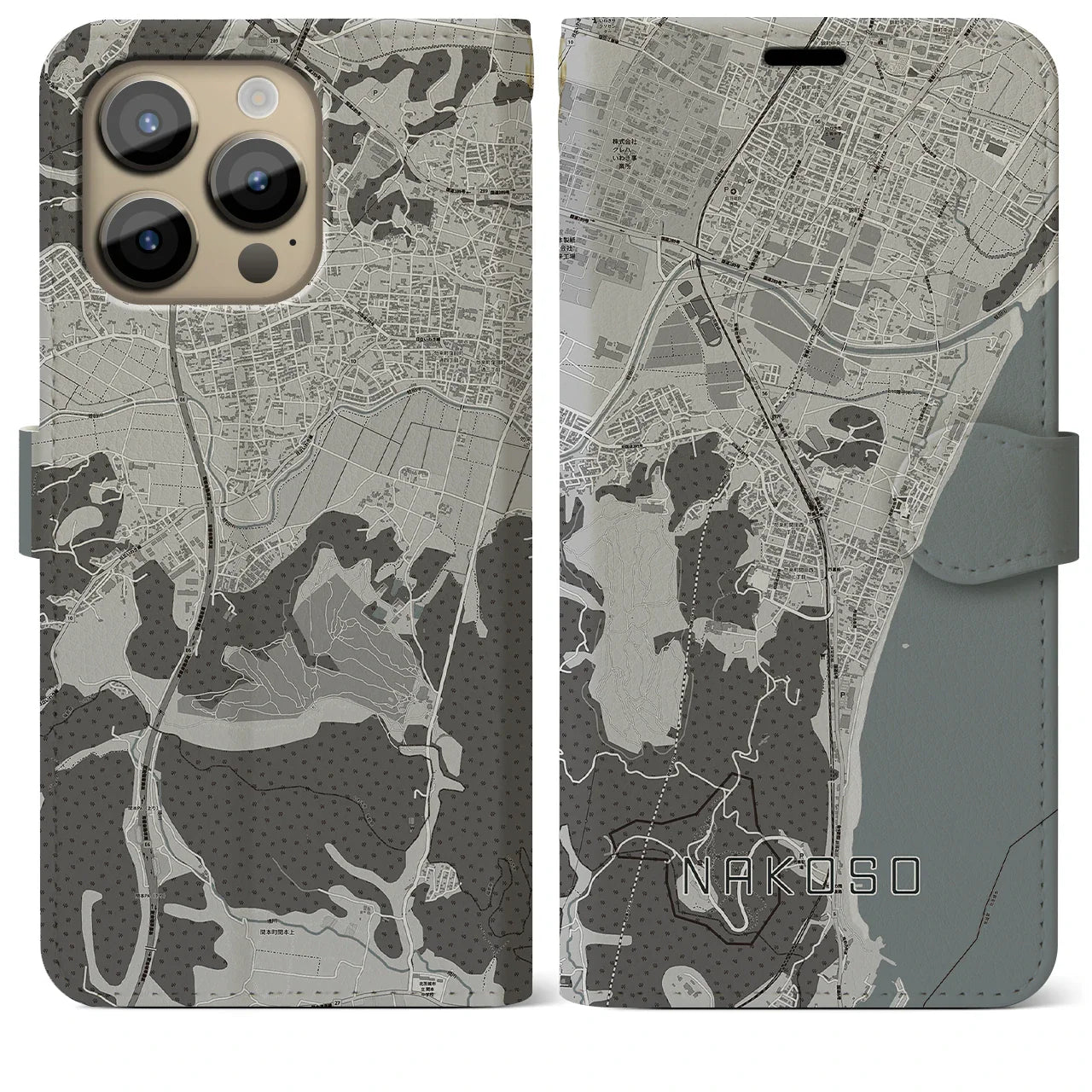 【勿来(福島県)】地図柄iPhoneケース(手帳タイプ)モノトーン・iPhone 14 Pro Max 用