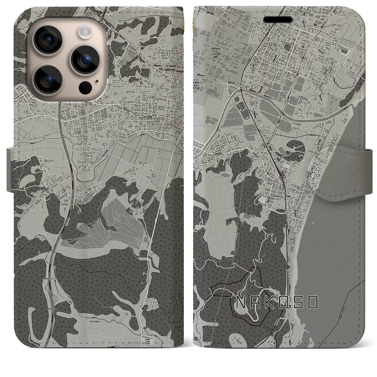 【勿来(福島県)】地図柄iPhoneケース(手帳タイプ)モノトーン・iPhone 16 Plus 用