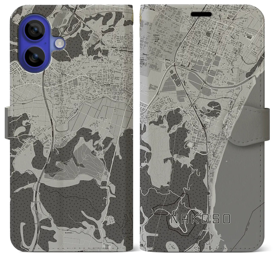 【勿来(福島県)】地図柄iPhoneケース(手帳タイプ)モノトーン・iPhone 16 Pro Max 用