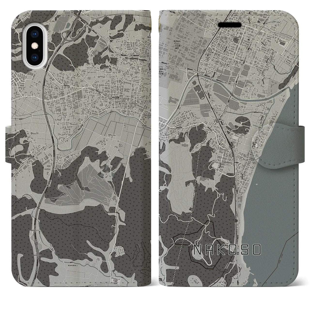 【勿来(福島県)】地図柄iPhoneケース(手帳タイプ)モノトーン・iPhone XS Max 用