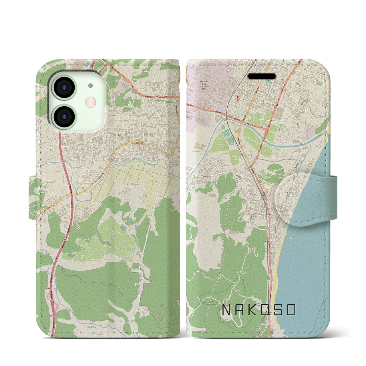 【勿来(福島県)】地図柄iPhoneケース(手帳タイプ)ナチュラル・iPhone 12 mini 用