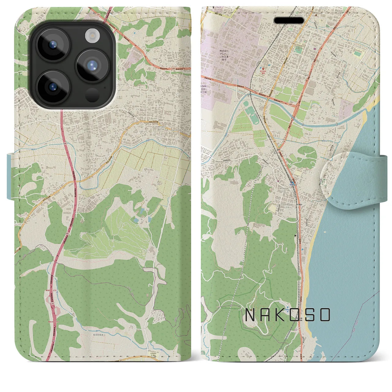 【勿来(福島県)】地図柄iPhoneケース(手帳タイプ)ナチュラル・iPhone 15 Pro Max 用