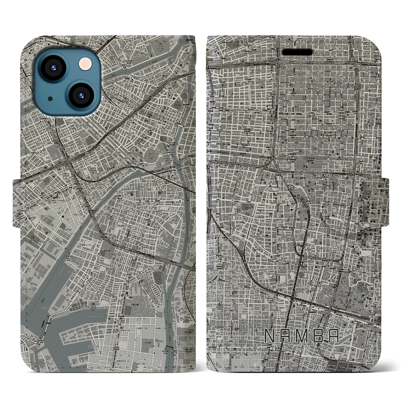 【難波(大阪府)】地図柄iPhoneケース(手帳タイプ)モノトーン・iPhone 13 用