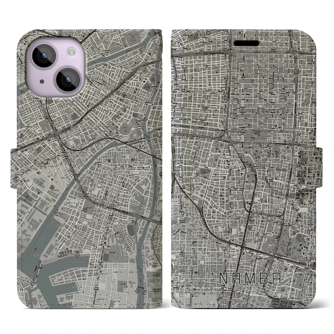 【難波(大阪府)】地図柄iPhoneケース(手帳タイプ)モノトーン・iPhone 14 用