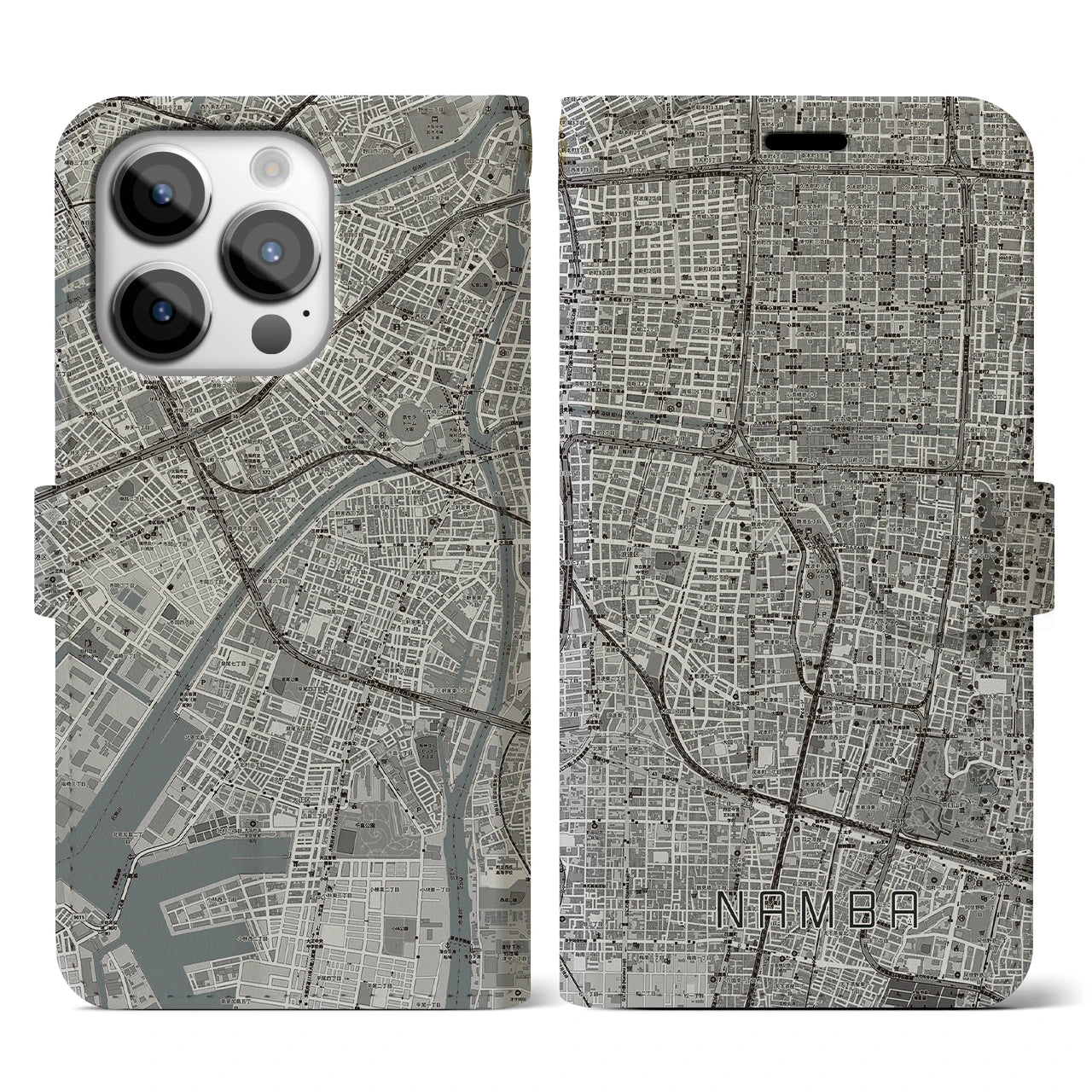 【難波(大阪府)】地図柄iPhoneケース(手帳タイプ)モノトーン・iPhone 14 Pro 用