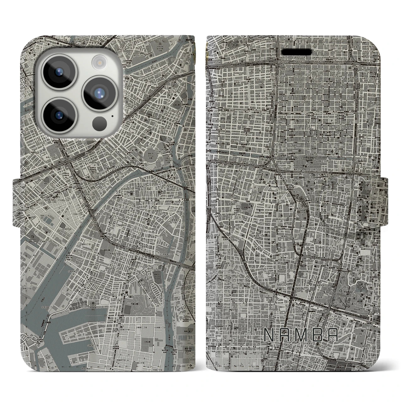【難波(大阪府)】地図柄iPhoneケース(手帳タイプ)モノトーン・iPhone 15 Pro 用