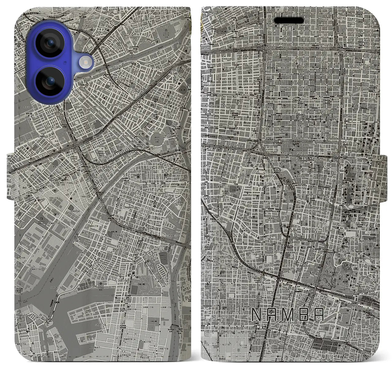 【難波(大阪府)】地図柄iPhoneケース(手帳タイプ)モノトーン・iPhone 16 Pro Max 用