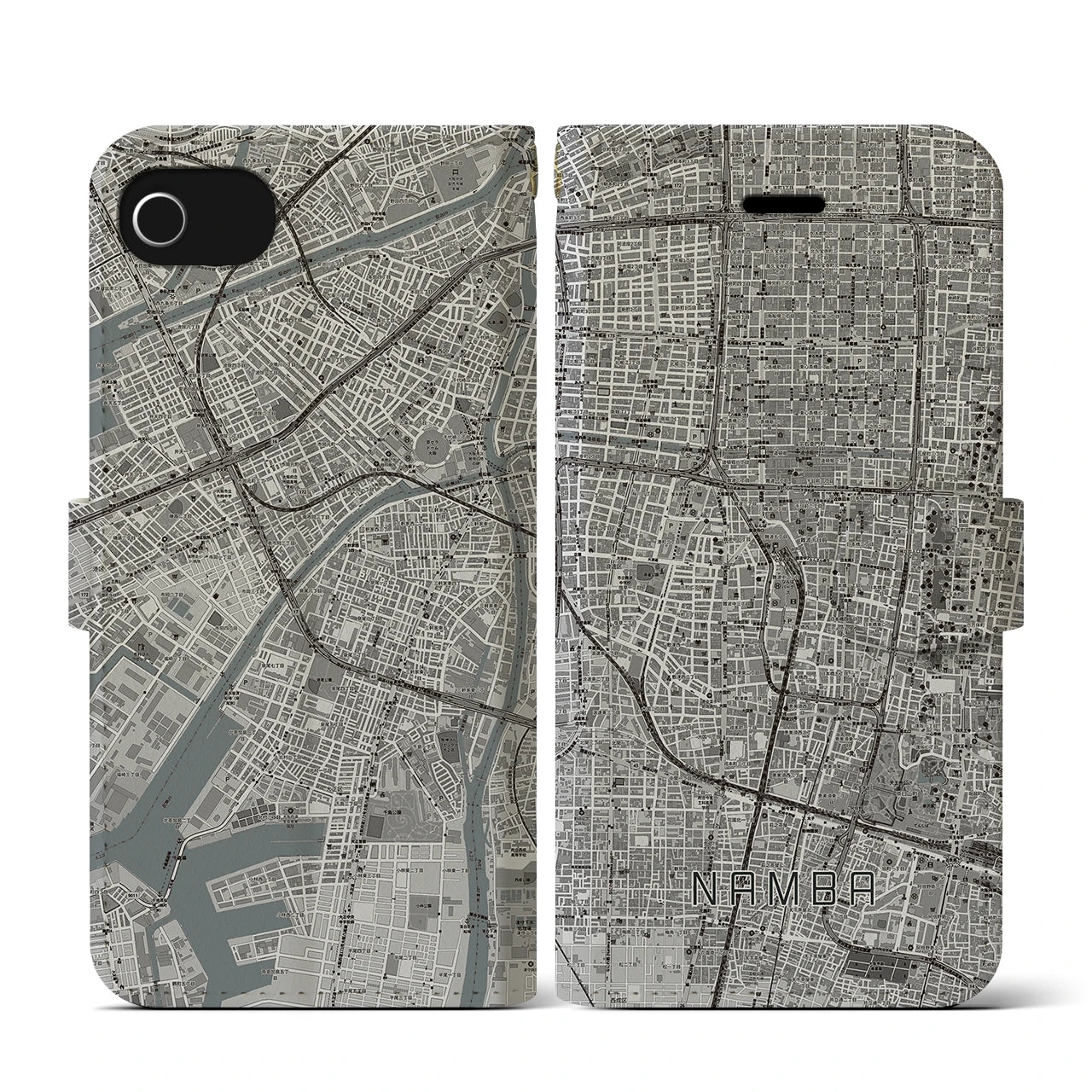 【難波(大阪府)】地図柄iPhoneケース(手帳タイプ)モノトーン・iPhone SE(第3 / 第2世代) / 8 / 7 / 6s / 6 用
