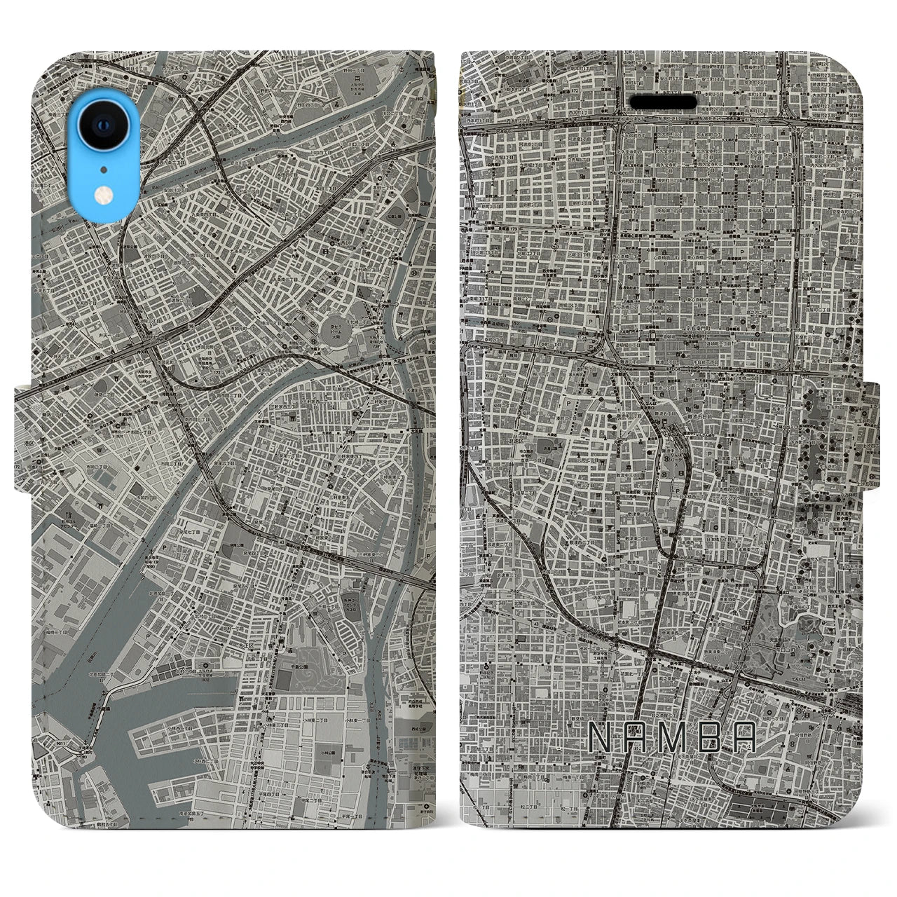 【難波(大阪府)】地図柄iPhoneケース(手帳タイプ)モノトーン・iPhone XR 用