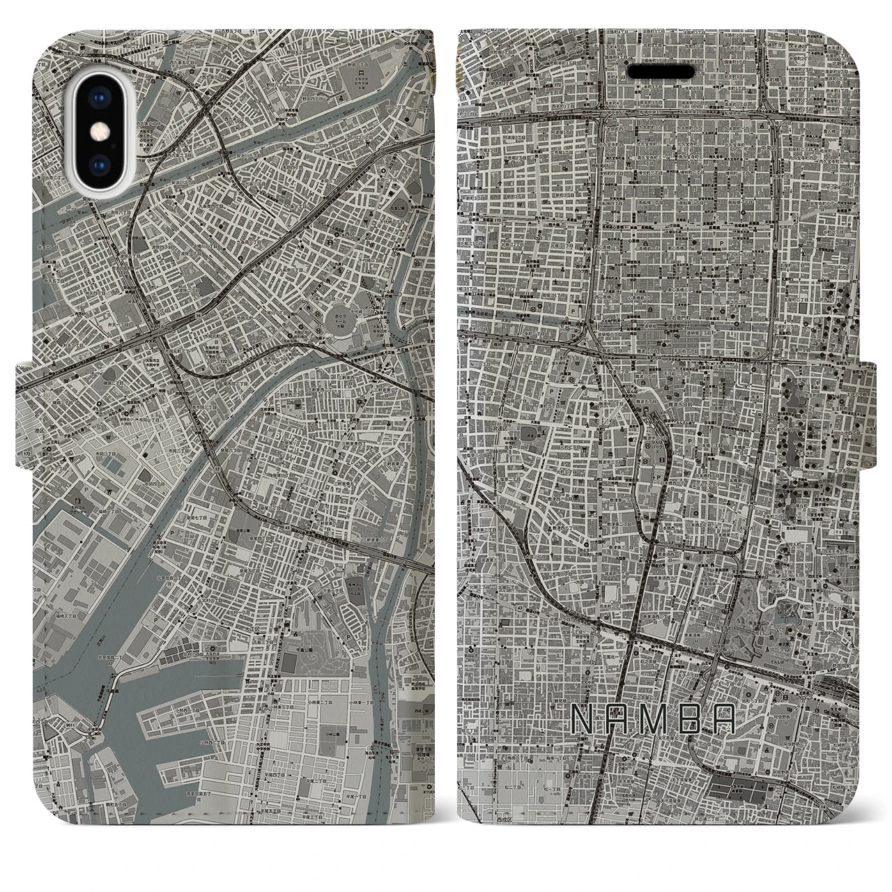 【難波(大阪府)】地図柄iPhoneケース(手帳タイプ)モノトーン・iPhone XS Max 用