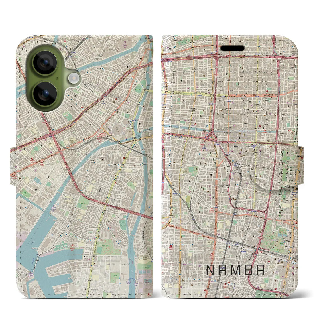 【難波(大阪府)】地図柄iPhoneケース(手帳タイプ)ナチュラル・iPhone 17 Pro Max 用
