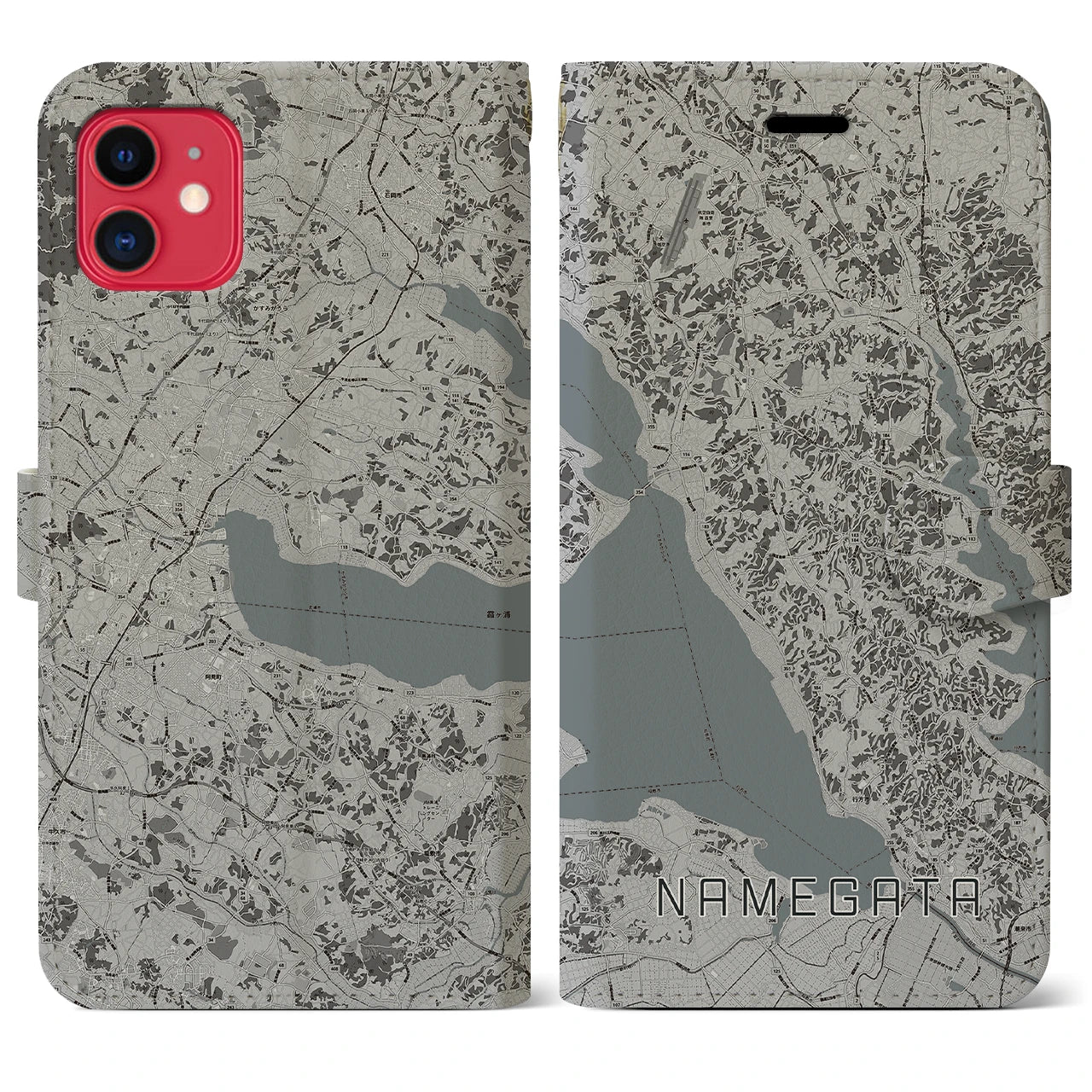【行方(茨城県)】地図柄iPhoneケース(手帳タイプ)モノトーン・iPhone 11 用