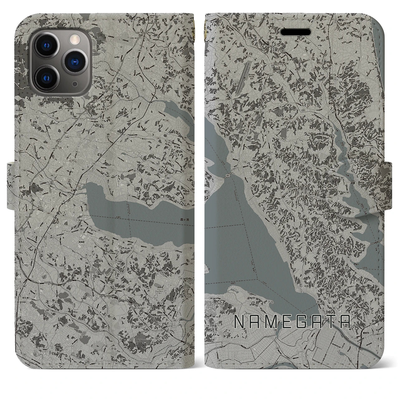 【行方(茨城県)】地図柄iPhoneケース(手帳タイプ)モノトーン・iPhone 11 Pro Max 用