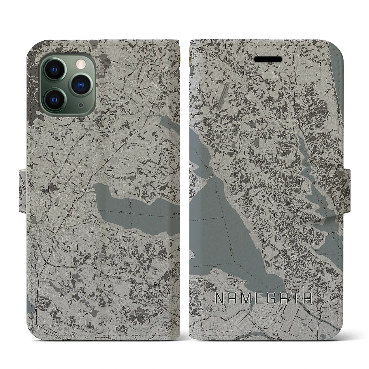 【行方(茨城県)】地図柄iPhoneケース(手帳タイプ)モノトーン・iPhone 11 Pro 用