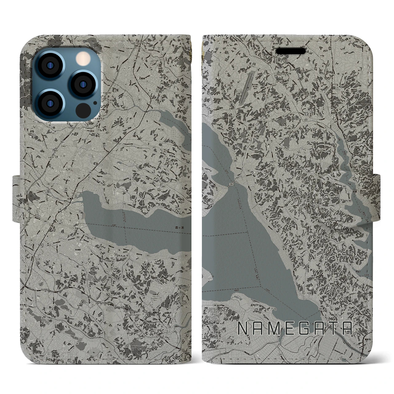 【行方(茨城県)】地図柄iPhoneケース(手帳タイプ)モノトーン・iPhone 12 / 12 Pro 用