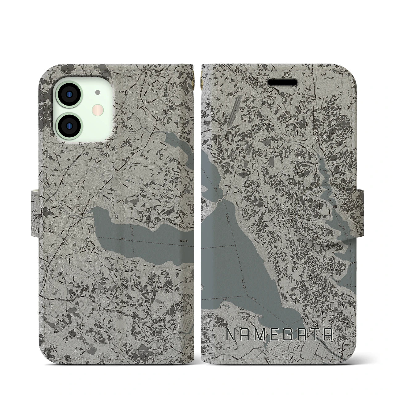【行方(茨城県)】地図柄iPhoneケース(手帳タイプ)モノトーン・iPhone 12 mini 用