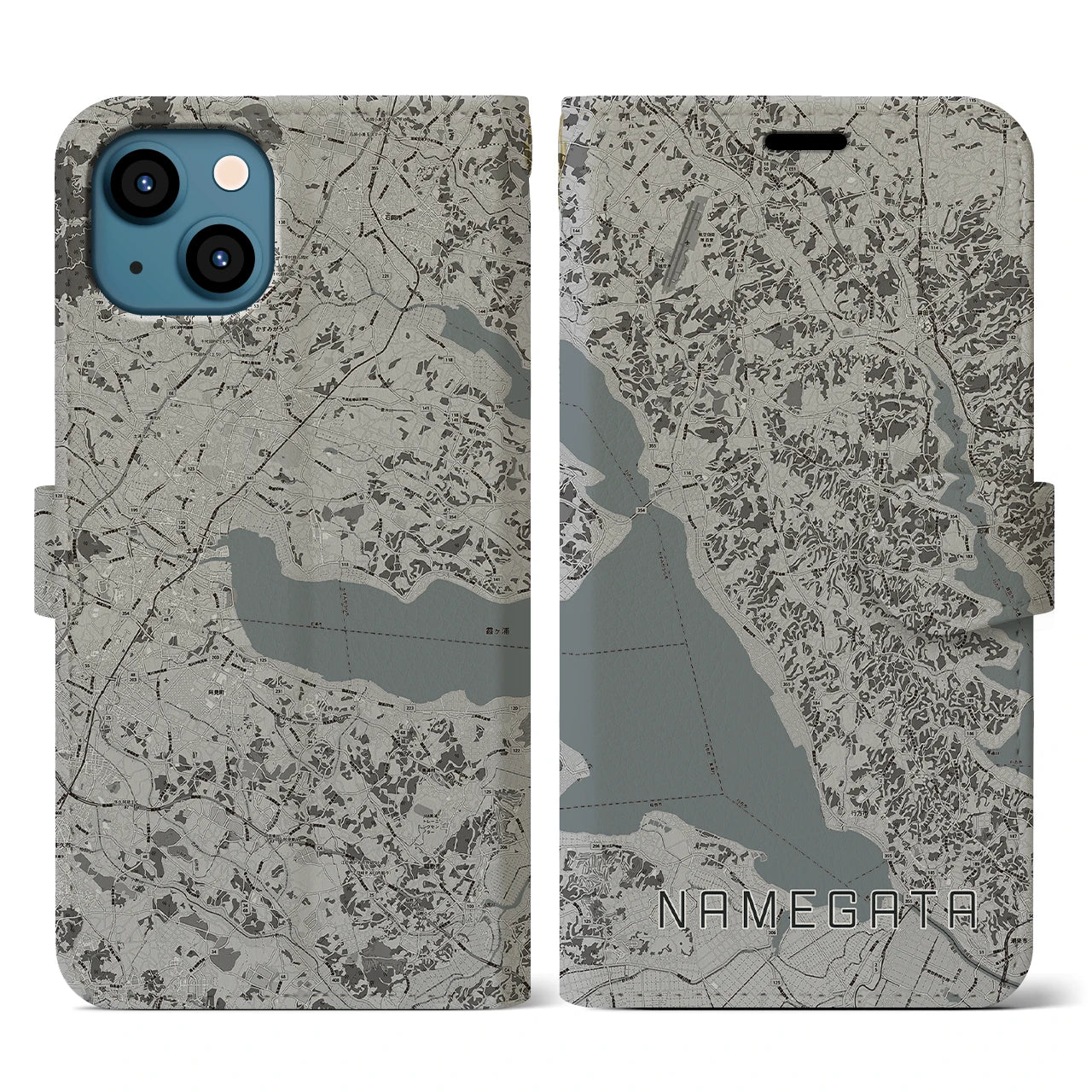 【行方(茨城県)】地図柄iPhoneケース(手帳タイプ)モノトーン・iPhone 13 用