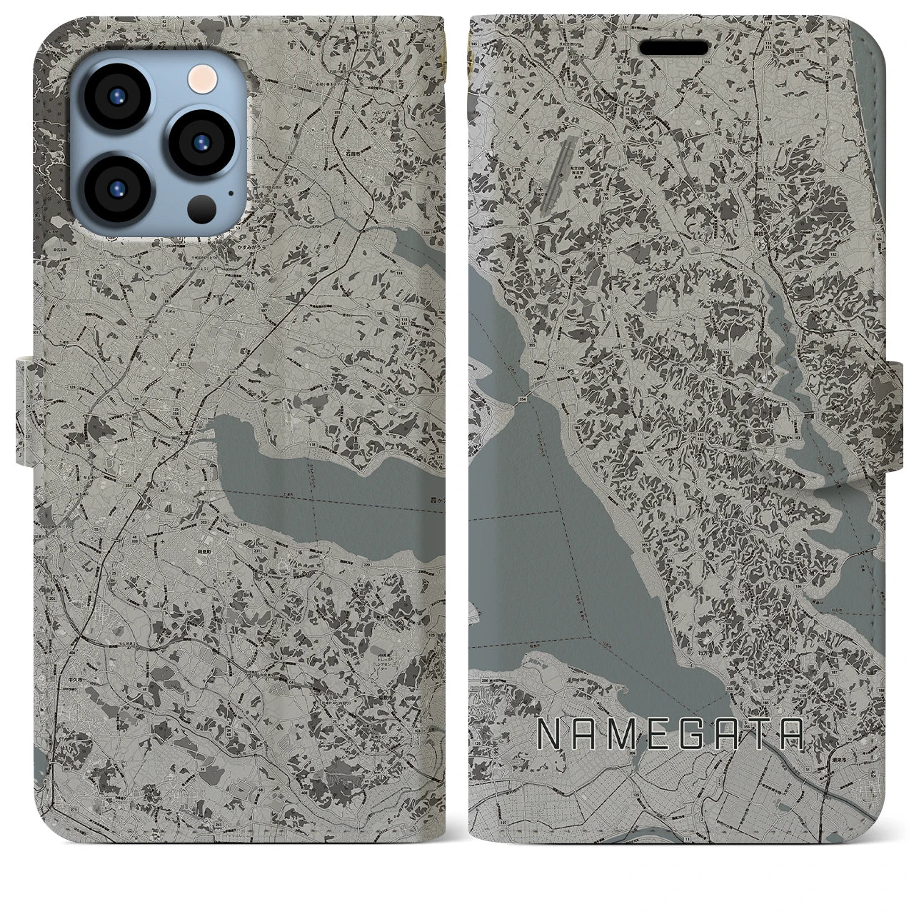 【行方(茨城県)】地図柄iPhoneケース(手帳タイプ)モノトーン・iPhone 13 Pro Max 用