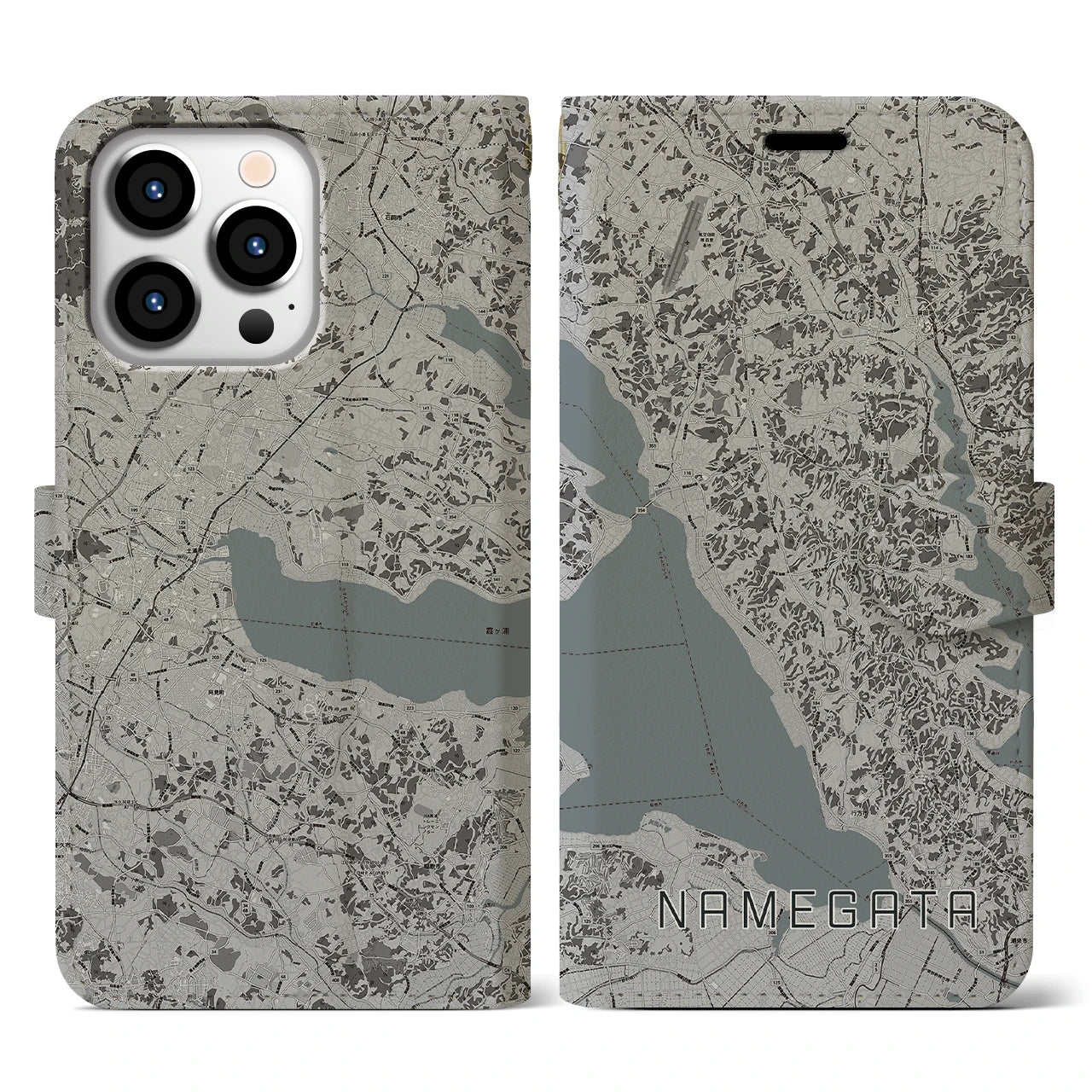 【行方(茨城県)】地図柄iPhoneケース(手帳タイプ)モノトーン・iPhone 13 Pro 用