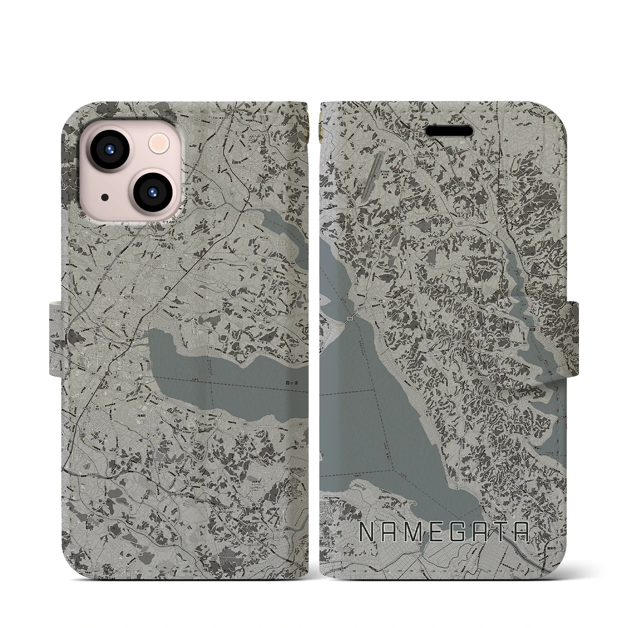 【行方(茨城県)】地図柄iPhoneケース(手帳タイプ)モノトーン・iPhone 13 mini 用