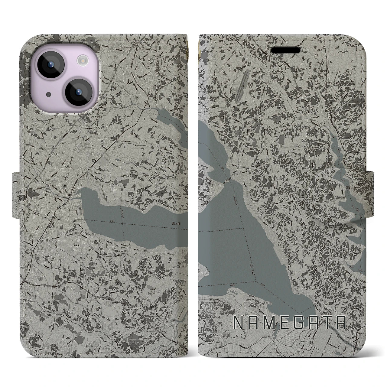 【行方(茨城県)】地図柄iPhoneケース(手帳タイプ)モノトーン・iPhone 14 用