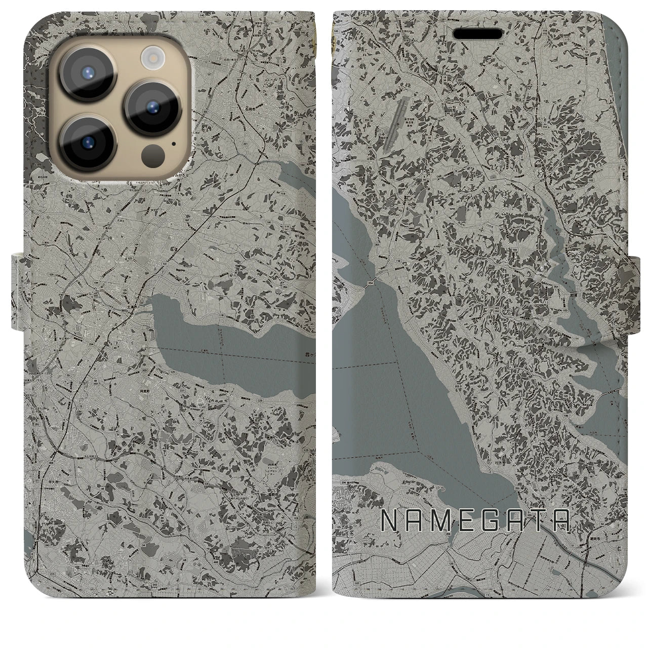 【行方(茨城県)】地図柄iPhoneケース(手帳タイプ)モノトーン・iPhone 14 Pro Max 用