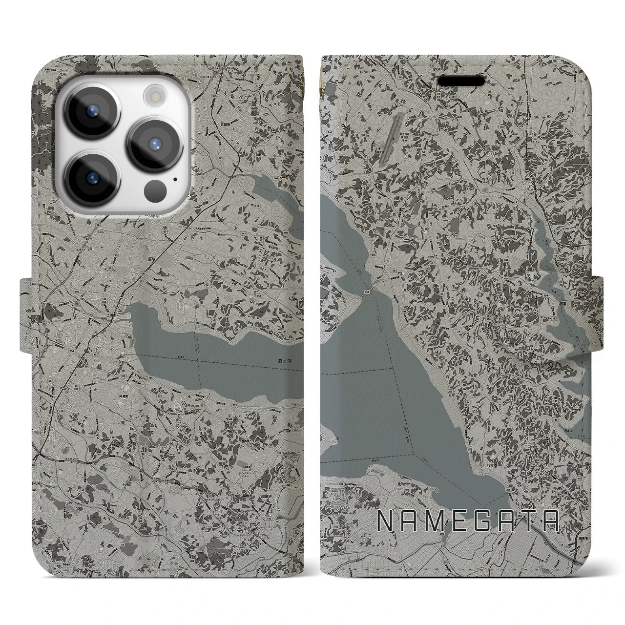 【行方(茨城県)】地図柄iPhoneケース(手帳タイプ)モノトーン・iPhone 14 Pro 用