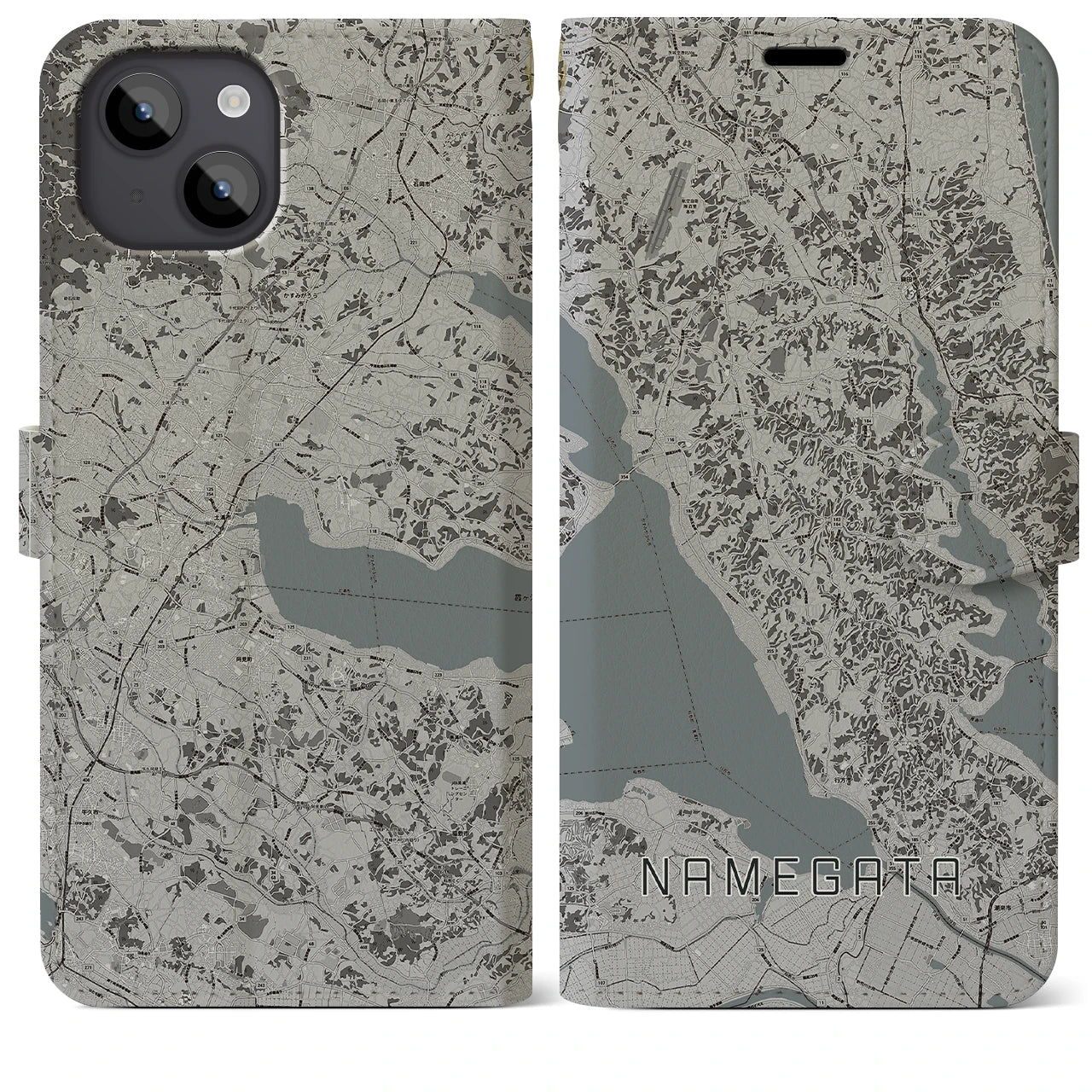 【行方(茨城県)】地図柄iPhoneケース(手帳タイプ)モノトーン・iPhone 14 Plus 用