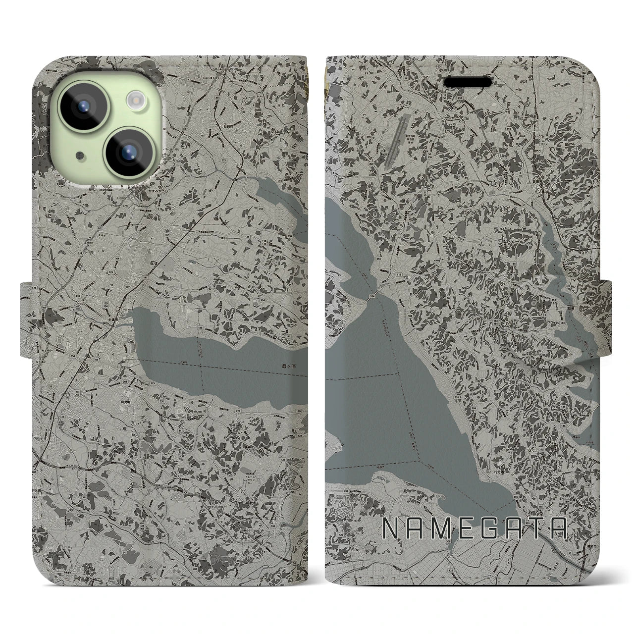 【行方(茨城県)】地図柄iPhoneケース(手帳タイプ)モノトーン・iPhone 15 用