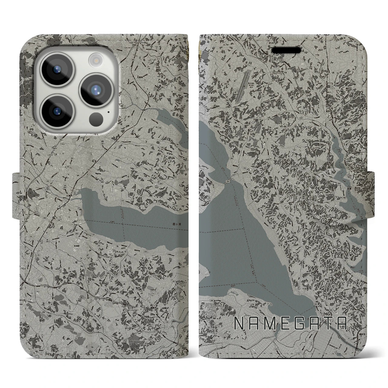 【行方(茨城県)】地図柄iPhoneケース(手帳タイプ)モノトーン・iPhone 15 Pro 用