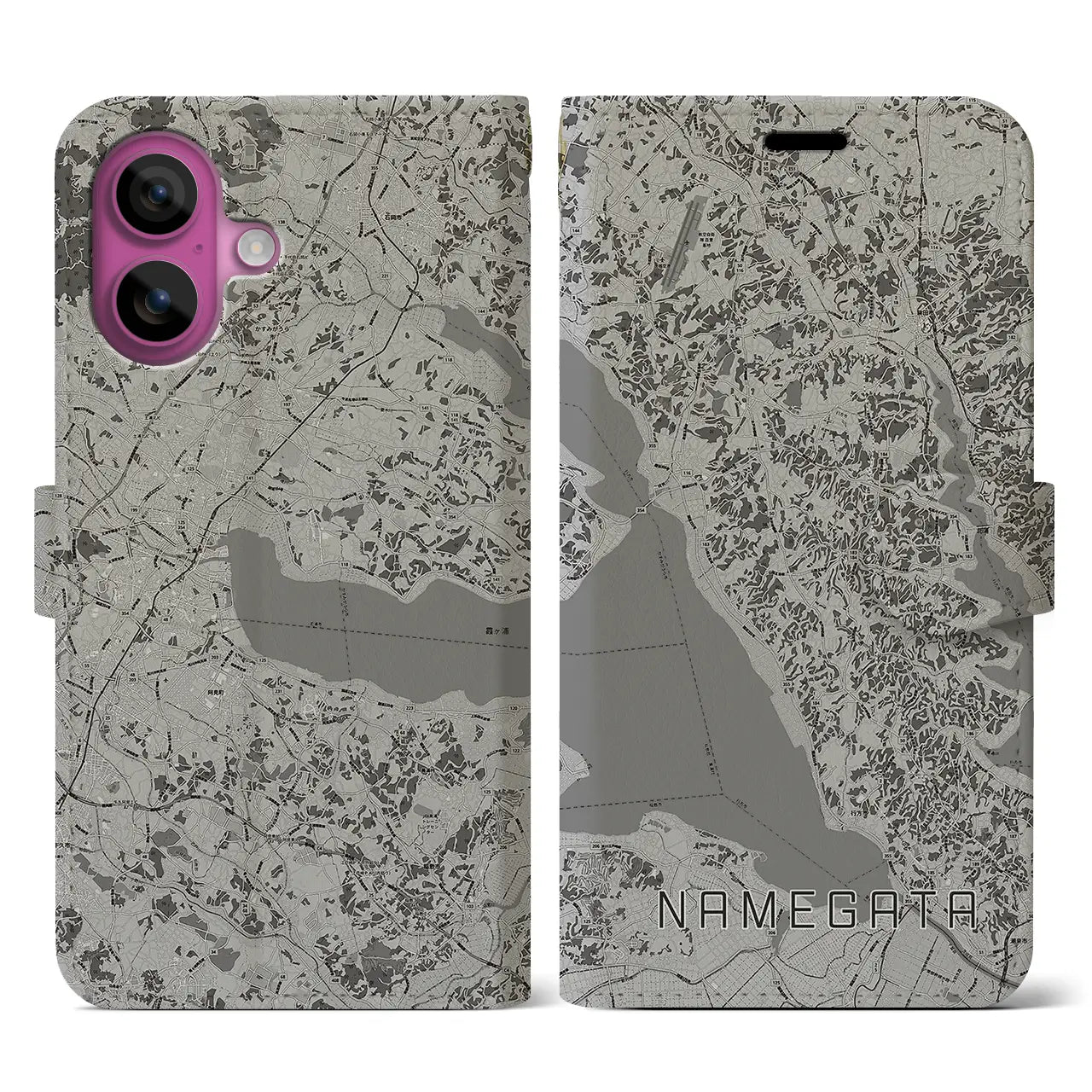 【行方(茨城県)】地図柄iPhoneケース(手帳タイプ)モノトーン・iPhone 16 Pro 用