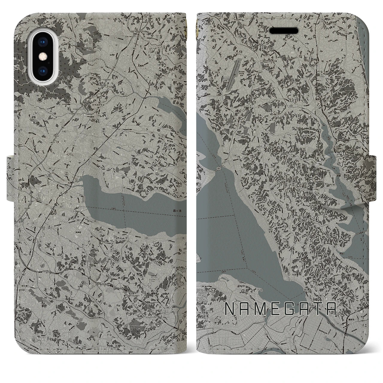 【行方(茨城県)】地図柄iPhoneケース(手帳タイプ)モノトーン・iPhone XS Max 用