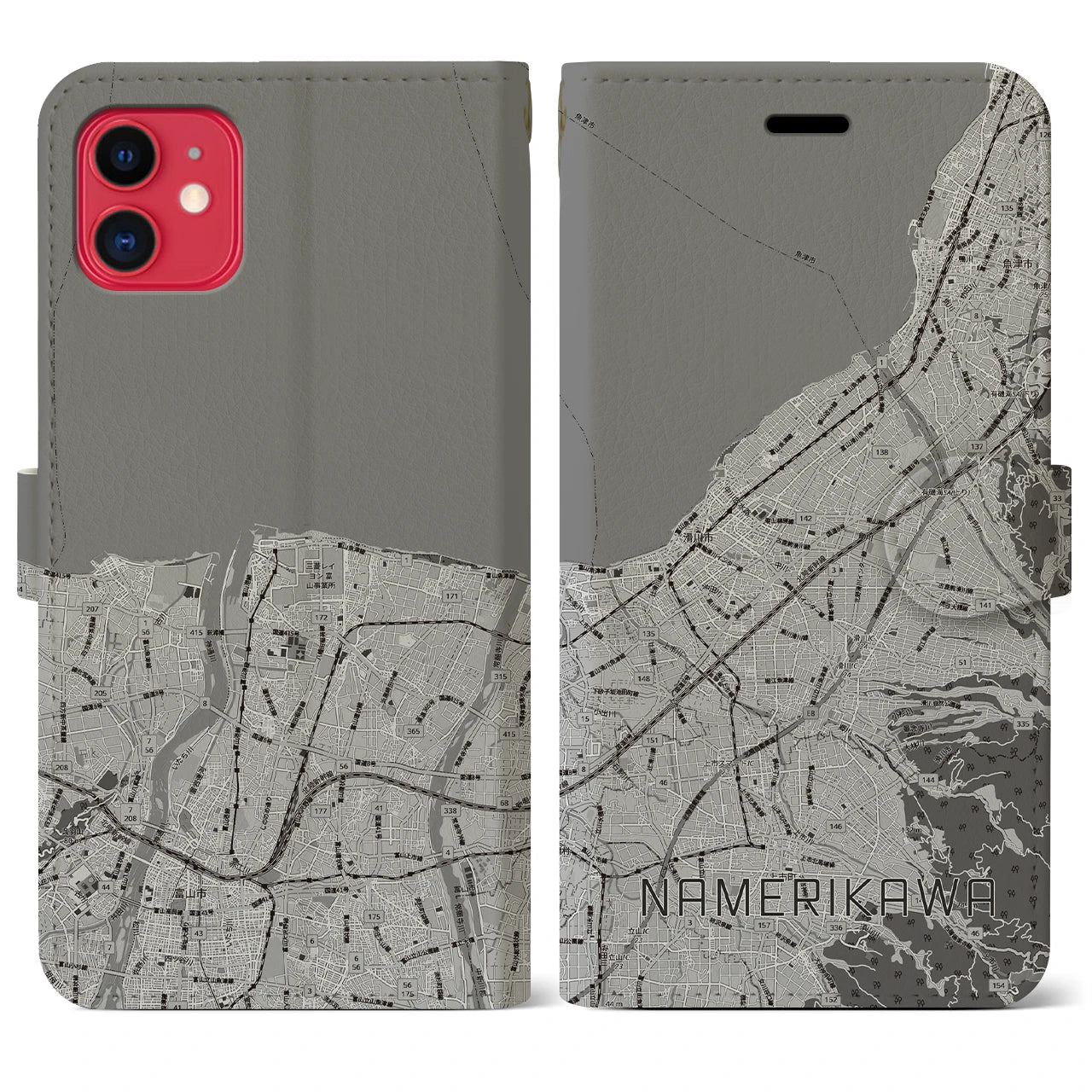 【滑川(富山県)】地図柄iPhoneケース(手帳タイプ)モノトーン・iPhone 11 用